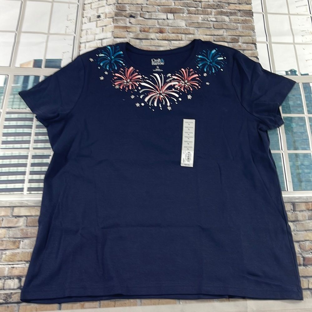 NWT Women’s Croft & Barrow Blue Multicolored Graphic Crewneck T- Shirt (XL) GE07